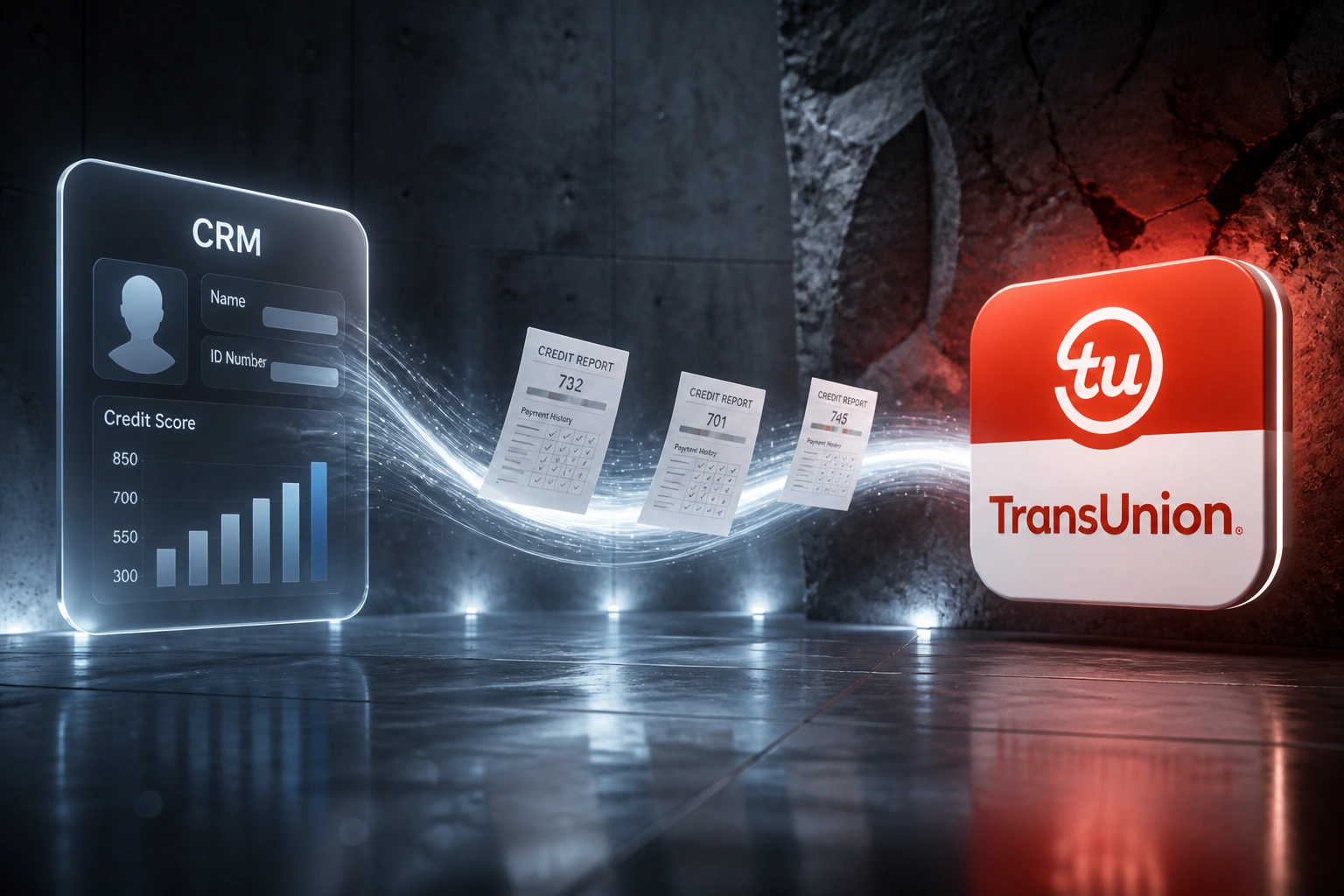 A CRM panel and the TransUnion logo connected by a flowing ribbon of credit report documents, illustrating an automated credit bureau enquiry integration