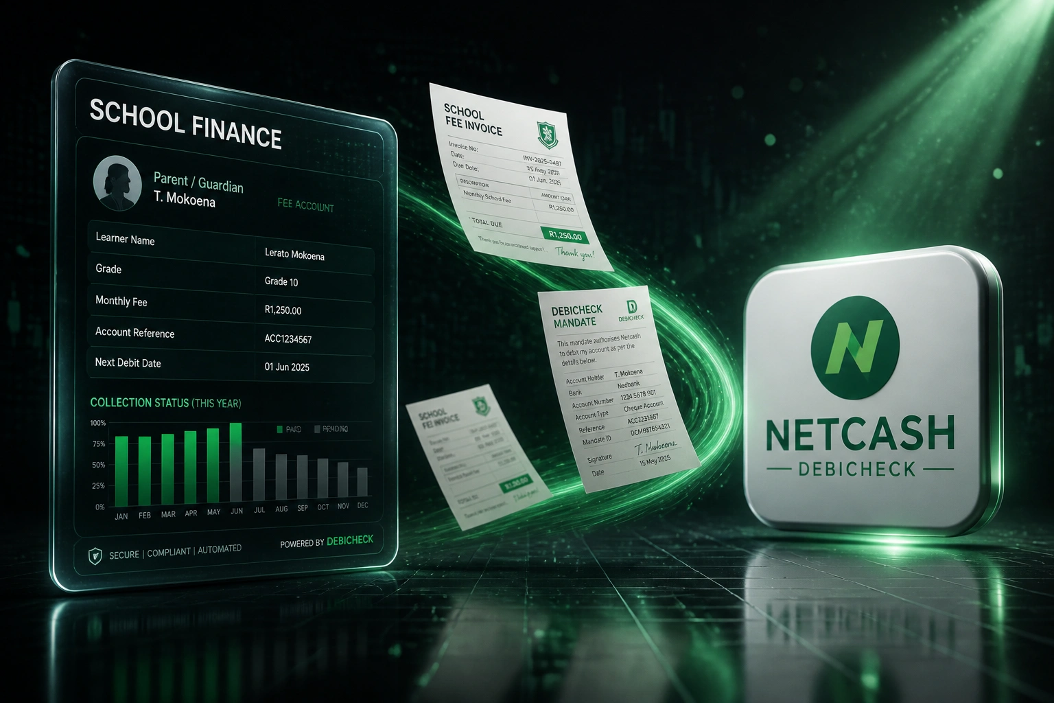 A school finance panel and the Netcash DebiCheck badge connected by a stream of fee invoices and debit mandates, illustrating automated tuition fee collection