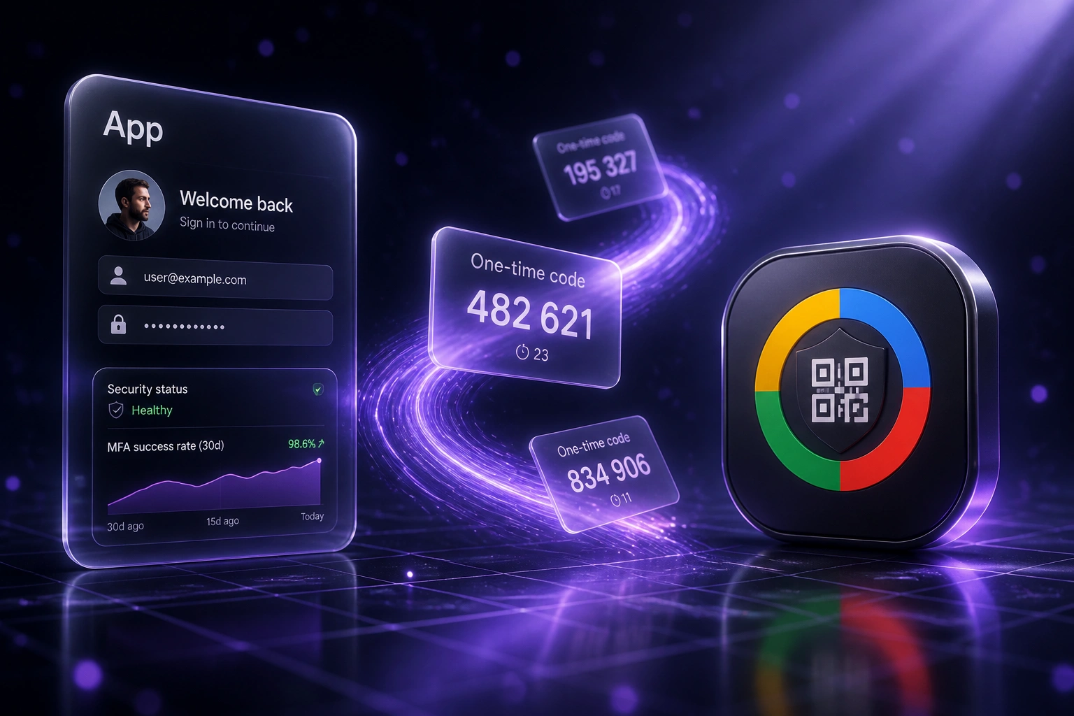 Glass App login panel and a glossy MFA authenticator badge linked by a violet OTP ribbon carrying one-time code cards over a midnight indigo grid