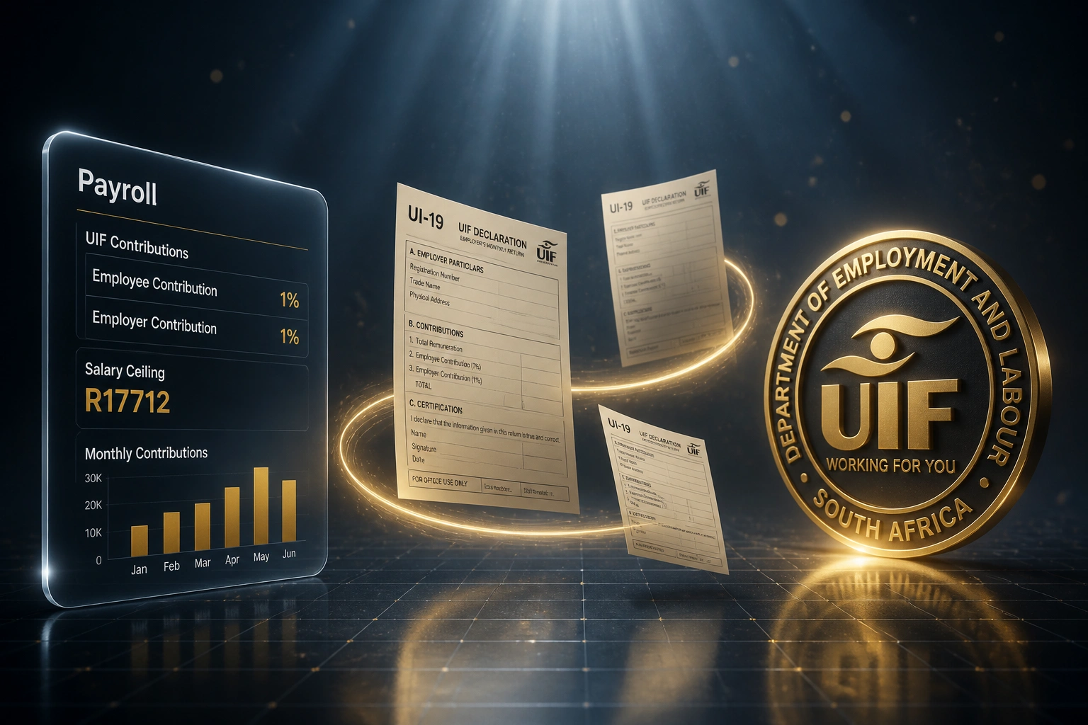 A glass Payroll panel and a gold UIF Department of Employment and Labour seal connected by UI-19 declaration documents on a ribbon of light