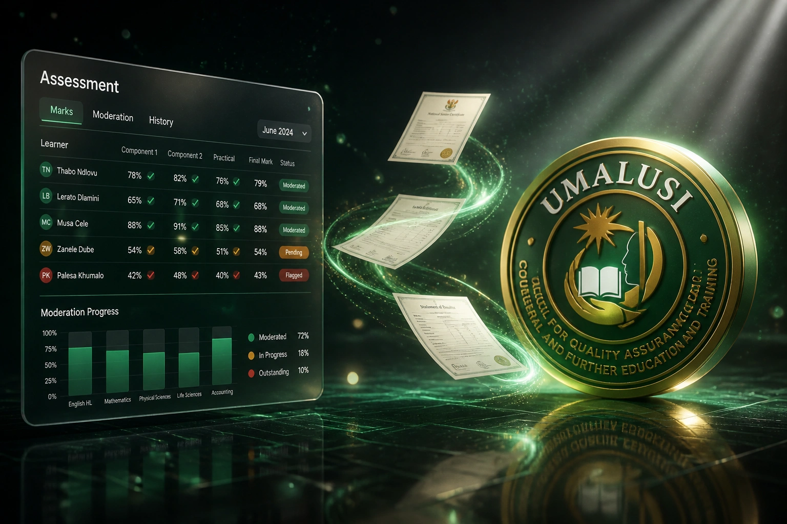 A glass Assessment panel with marks and moderation UI connected by certificates on an emerald ribbon to a glossy Umalusi quality assurance badge