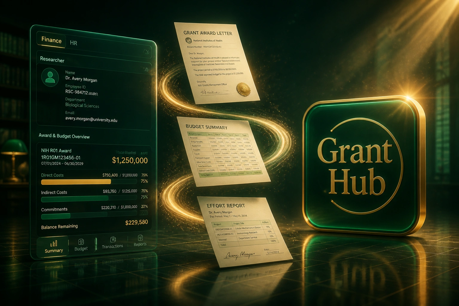 Finance and HR glass panel connected to a Grant Hub badge by a gold ribbon of light carrying award, budget, and effort documents in a deep emerald research library