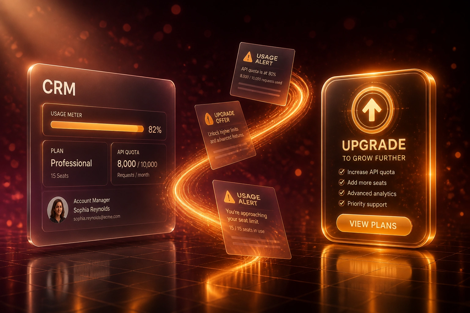 A glass CRM panel showing an 82% usage meter connected by an amber ribbon of usage alerts to a glossy plan-upgrade badge in a warm burgundy chamber