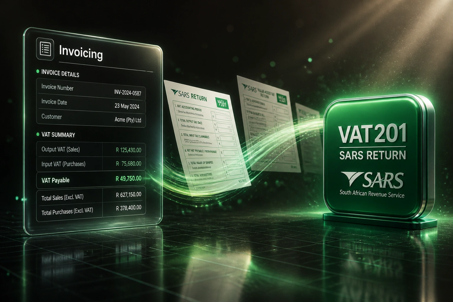 An Invoicing glass panel with VAT field rows connected by a ribbon of light to a glossy VAT201 SARS return badge, with tax return documents mid-flight