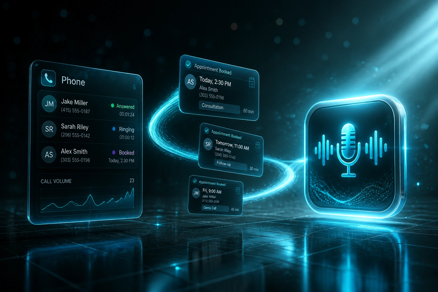 A glass Phone panel and electric-cyan Voice AI badge connected by appointment cards on a ribbon of light, illustrating an automated voice AI phone receptionist