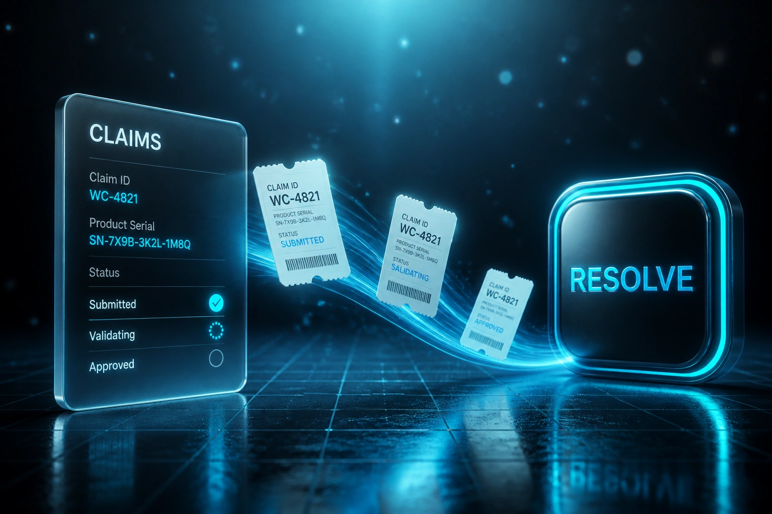 A glass CLAIMS panel and a glowing RESOLVE badge connected by claim tickets on a cyan ribbon, illustrating automated warranty claims processing