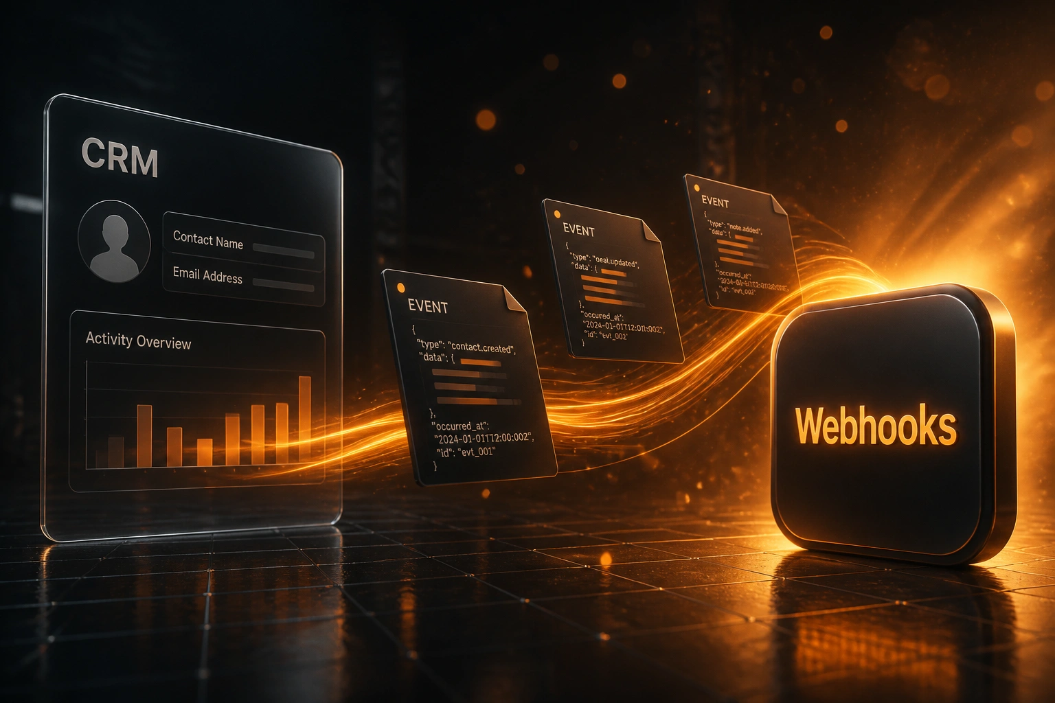 A glass CRM panel and a glossy Webhooks badge linked by an amber ribbon of event documents, illustrating reliable webhook design across systems