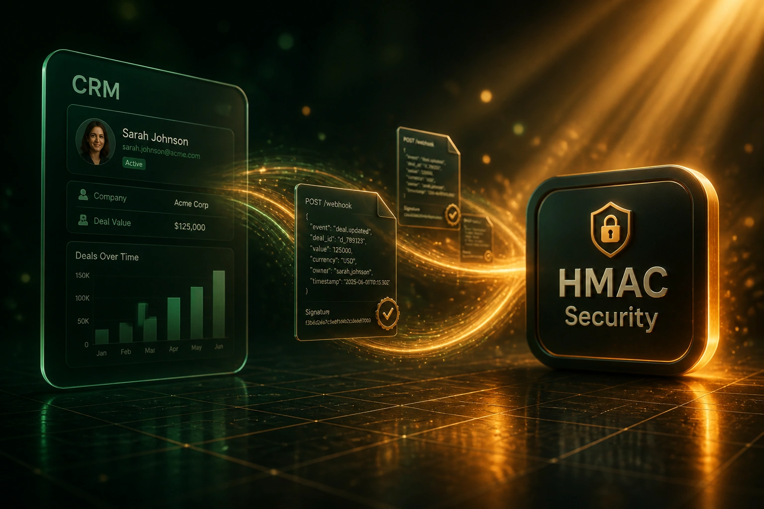 A glass CRM panel and a glossy HMAC Security badge linked by an amber ribbon of signed webhook payloads, illustrating webhook signature verification