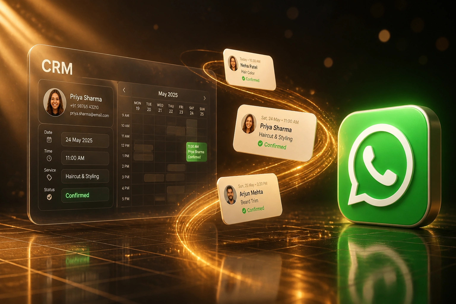 A CRM calendar panel and the WhatsApp logo connected by a ribbon of appointment booking cards, illustrating automated WhatsApp appointment booking