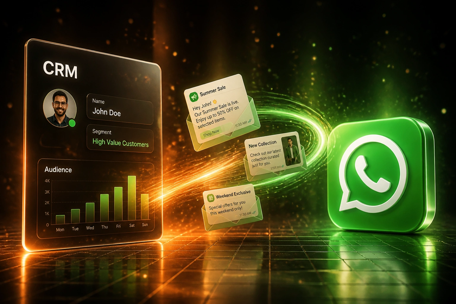 A glass CRM audience panel and the WhatsApp logo linked by an S-curved ribbon of broadcast message cards, illustrating CRM-driven WhatsApp broadcast marketing