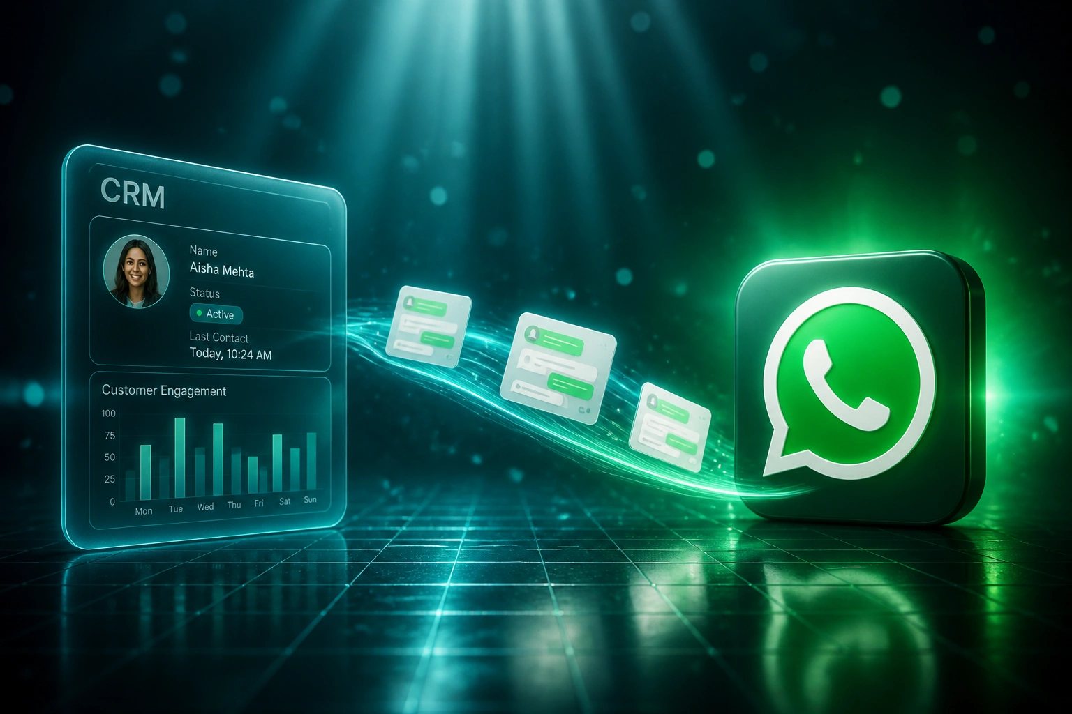A glass CRM panel and the WhatsApp logo linked by a ribbon of chat cards, illustrating WhatsApp Business API integration for automated business messaging