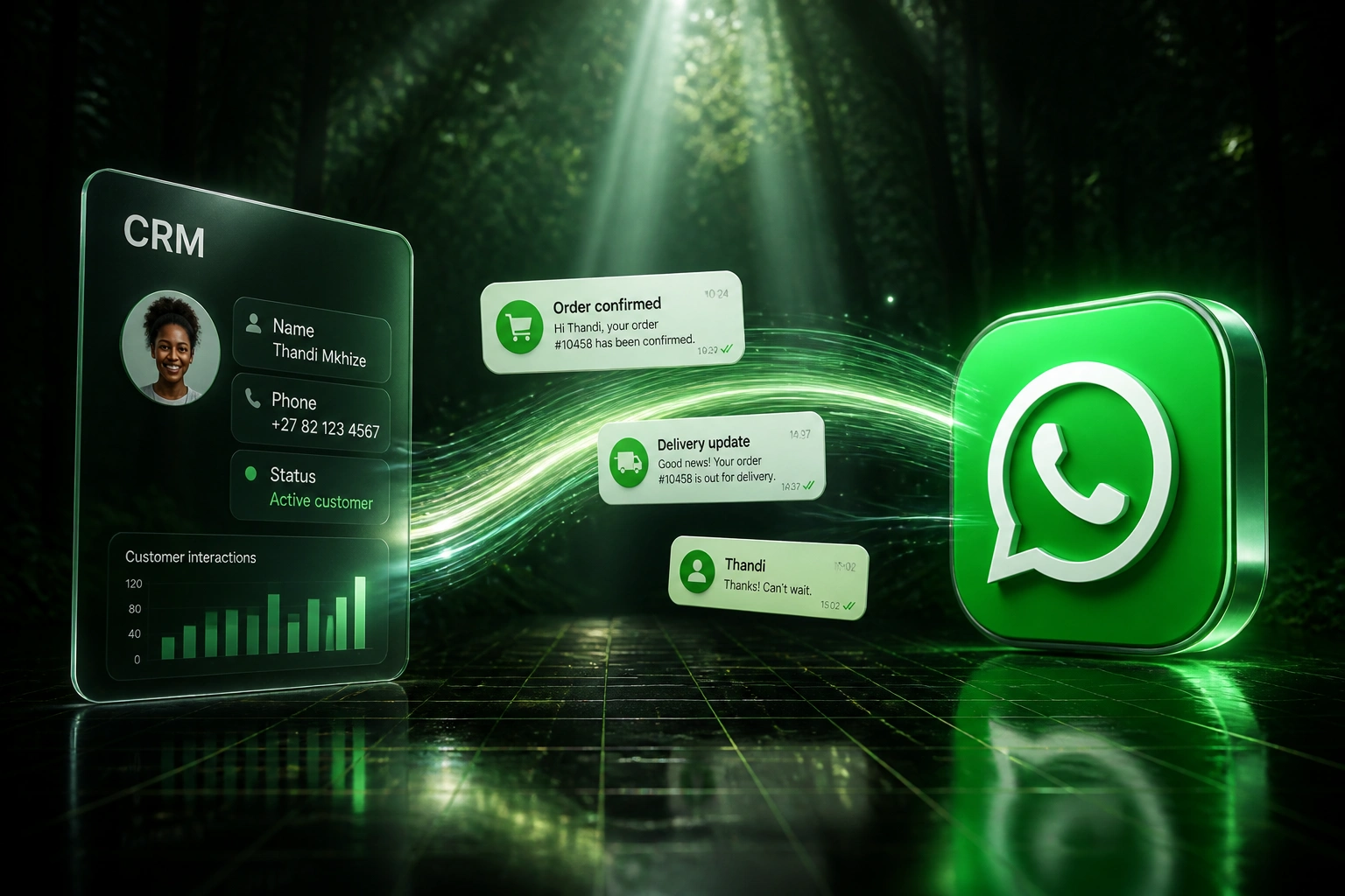 A glass CRM panel and the WhatsApp logo linked by order and message cards over a deep forest night backdrop, illustrating WhatsApp Business API for South African businesses