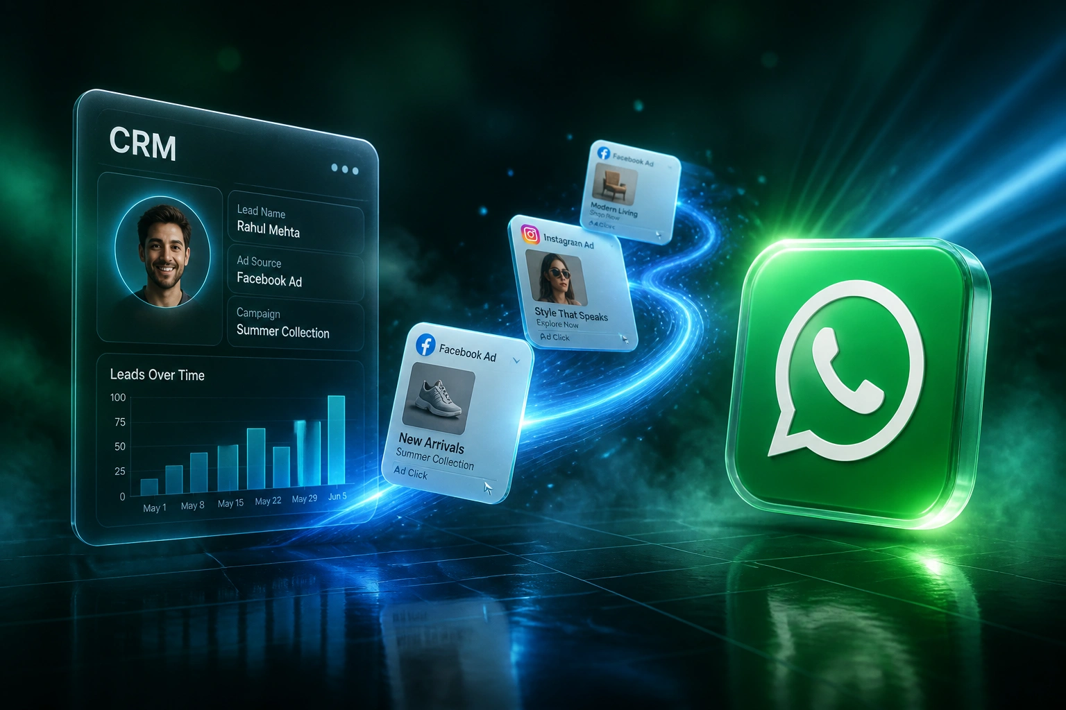 A glass CRM panel and the WhatsApp logo linked by an electric-blue ribbon of Meta ad click cards, illustrating Click-to-WhatsApp lead capture into CRM