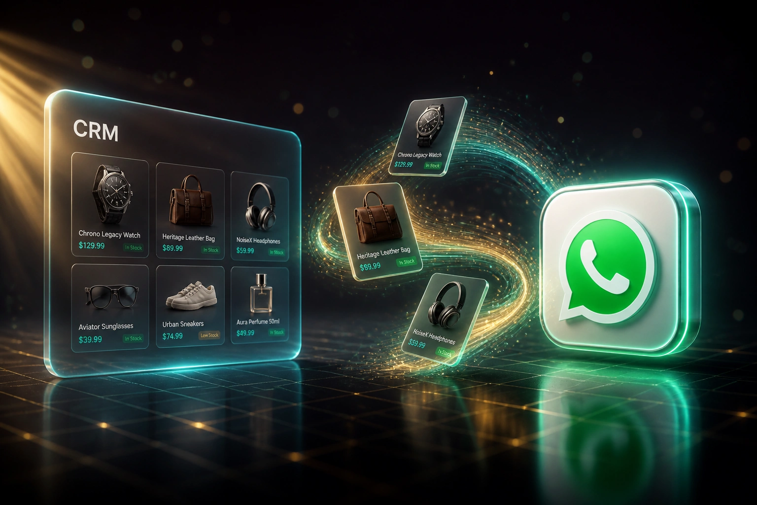 A glass CRM product catalogue panel and the WhatsApp logo linked by a teal-gold ribbon of product cards, illustrating live WhatsApp Commerce catalogue sync