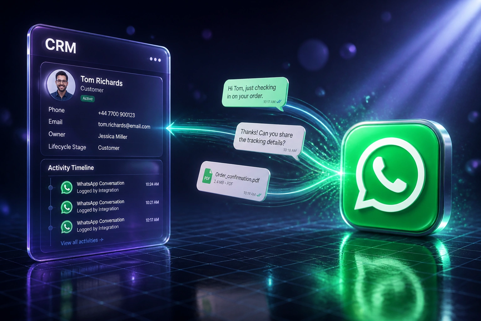 A glass CRM panel and the WhatsApp logo linked by a ribbon of chat bubbles and message documents, illustrating WhatsApp conversation logging into CRM contact history