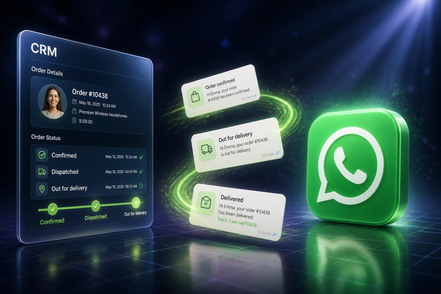 A glass CRM order panel and the WhatsApp logo linked by an S-curved ribbon of confirmation, dispatch, and delivery notification cards