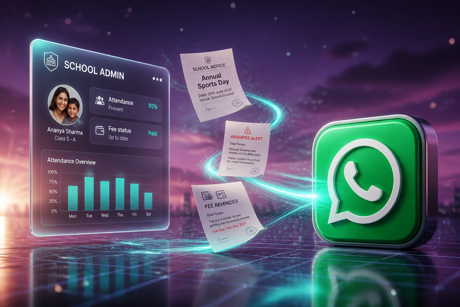 A glass SCHOOL ADMIN panel and the WhatsApp logo linked by a teal ribbon of school notices, absentee alerts, and fee reminders