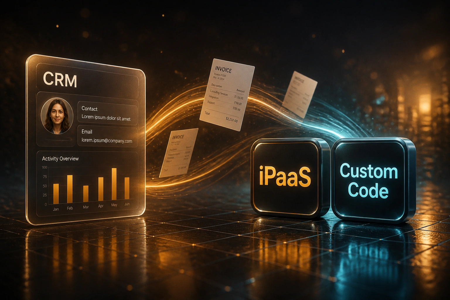 A glass CRM panel connected by a ribbon of documents to glossy iPaaS and Custom Code badges on a warm charcoal floor