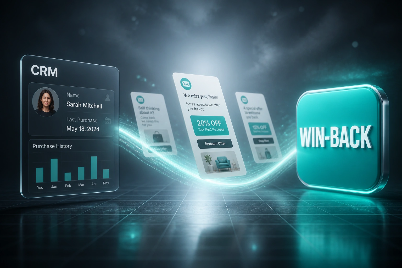 A glass CRM panel and a teal WIN-BACK badge connected by a ribbon of light carrying personalised offer emails, illustrating a multi-channel win-back campaign
