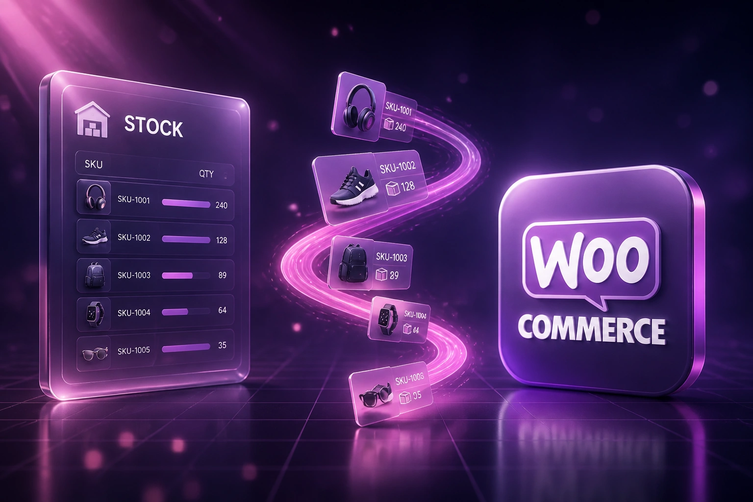 A glass STOCK panel and the WooCommerce logo connected by an S-curved ribbon of product SKU cards in a purple dusk warehouse