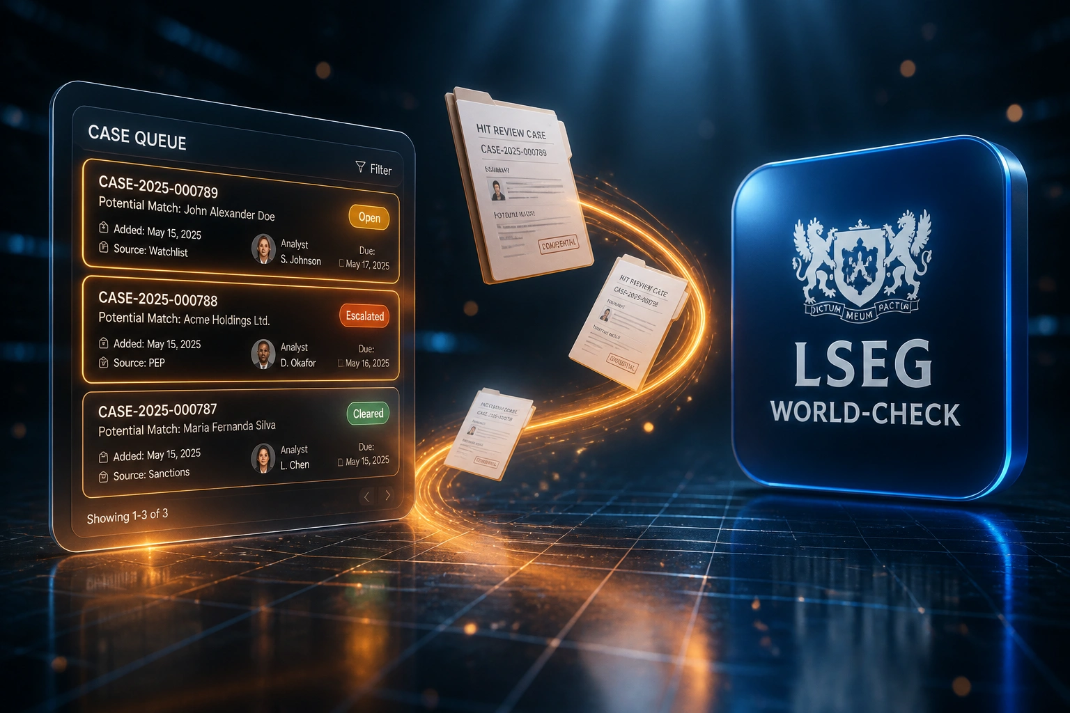 A CASE QUEUE panel of World-Check hit cards connected by amber light to the LSEG World-Check logo, with case dossiers mid-flight illustrating structured screening hit review
