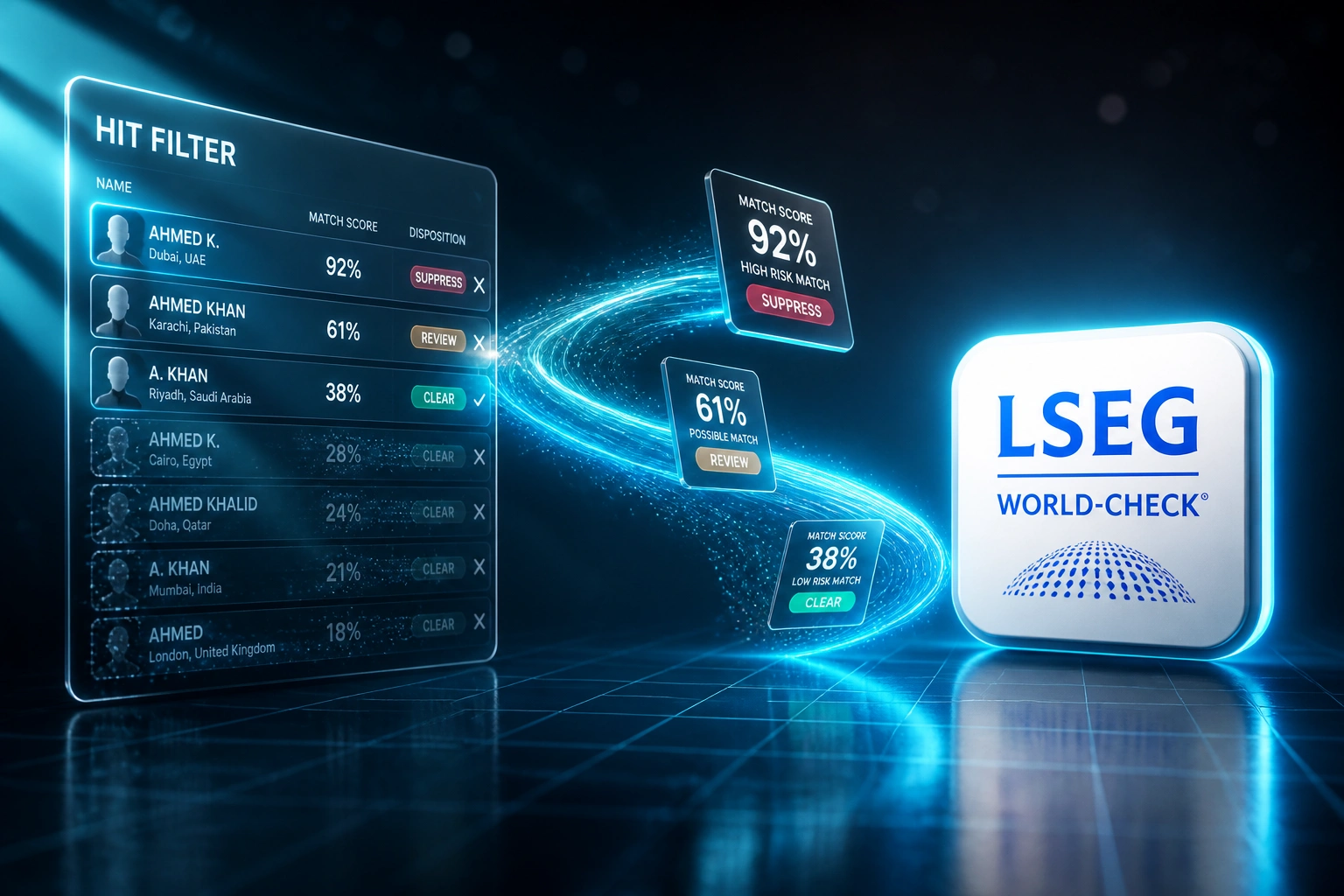 A glass HIT FILTER panel narrowing noisy screening matches beside the LSEG World-Check logo, linked by an electric cyan ribbon of match-score cards