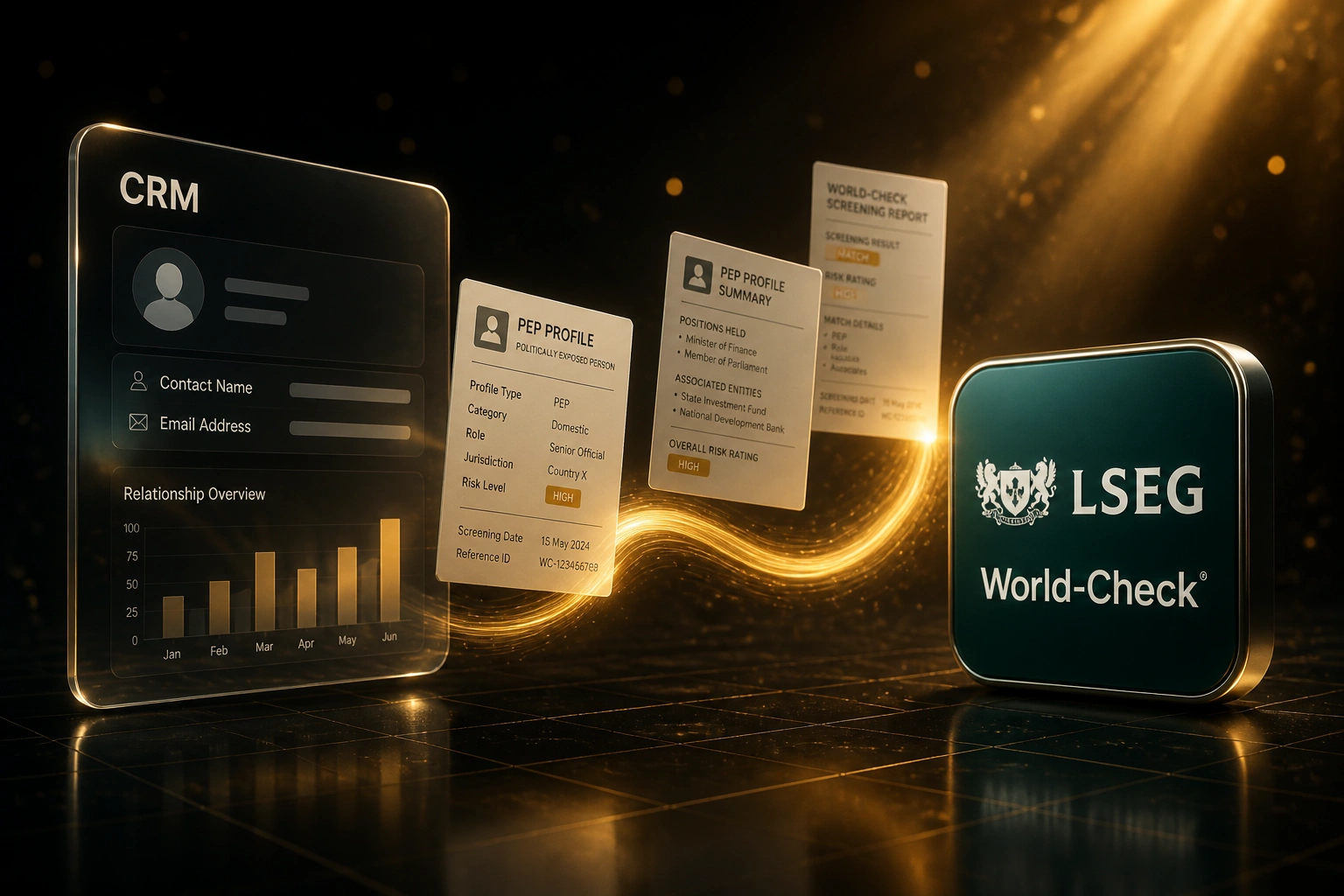 A CRM panel and the LSEG World-Check logo connected by a ribbon of PEP profile documents, illustrating automated politically exposed person screening