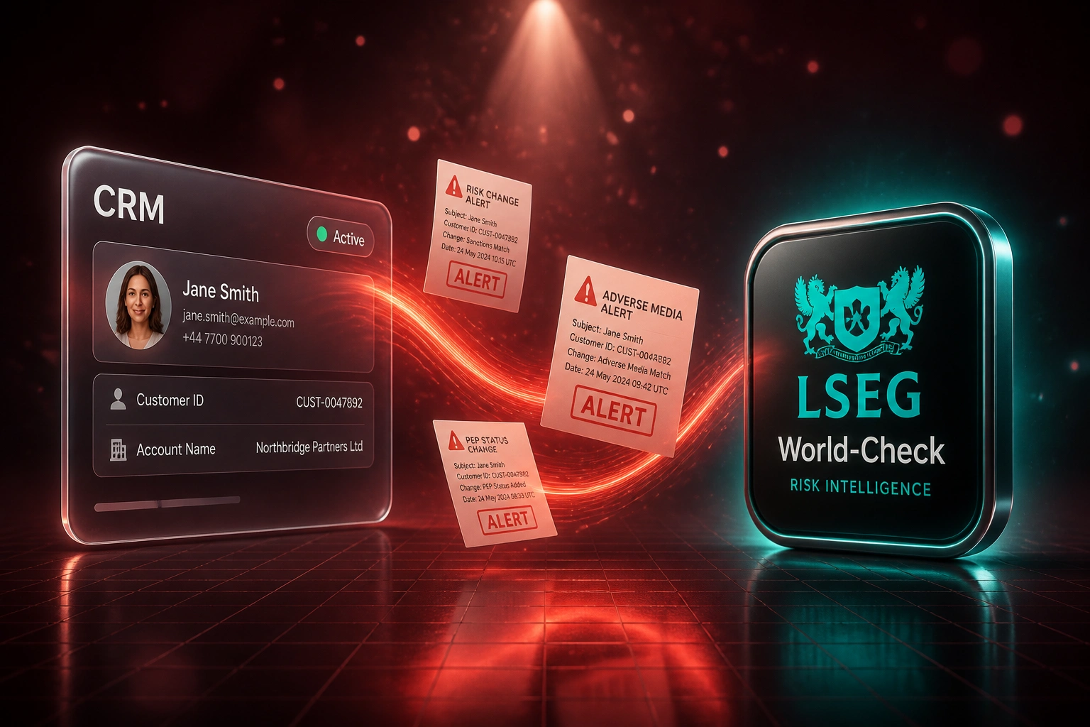 A CRM client record and the LSEG World-Check logo connected by a coral ribbon of risk-change alert notices, illustrating continuous ongoing monitoring