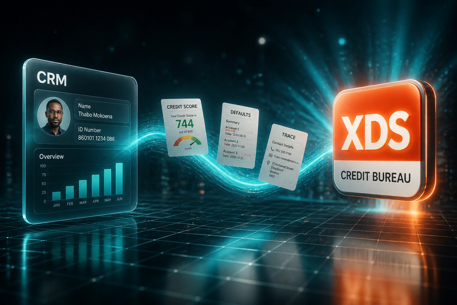 A CRM panel and the XDS logo connected by a flowing ribbon of credit score, defaults, and consumer trace documents, illustrating an automated XDS credit bureau integration