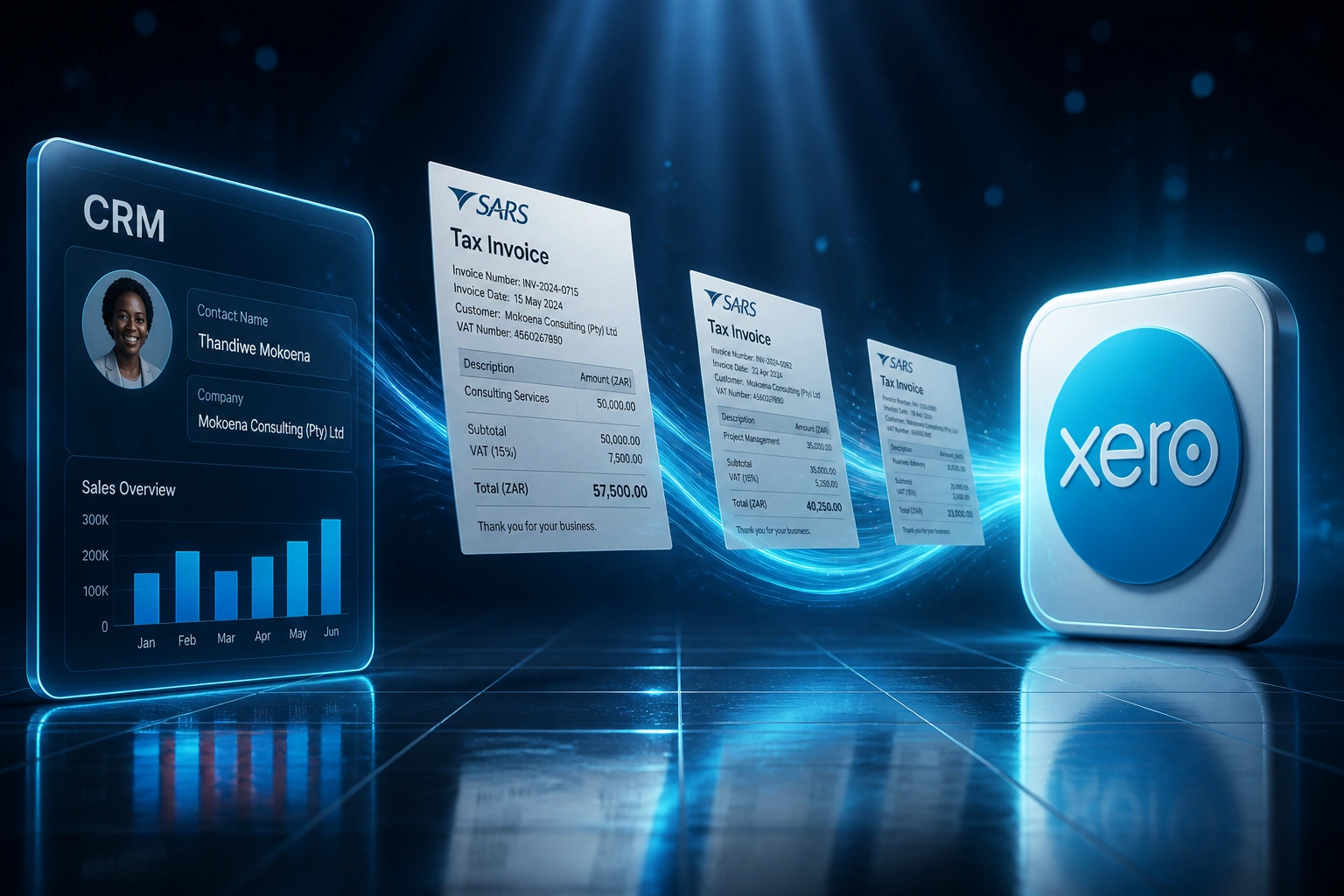 A CRM glass panel and the Xero logo connected by a cyan ribbon of SARS tax invoices and ZAR documents, illustrating Xero South Africa CRM integration