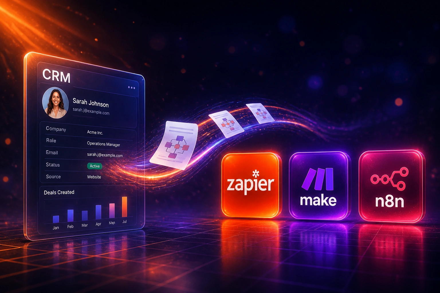A glass CRM panel connected by a glowing ribbon of workflow documents to Zapier, Make, and n8n product badges on a cool indigo night backdrop