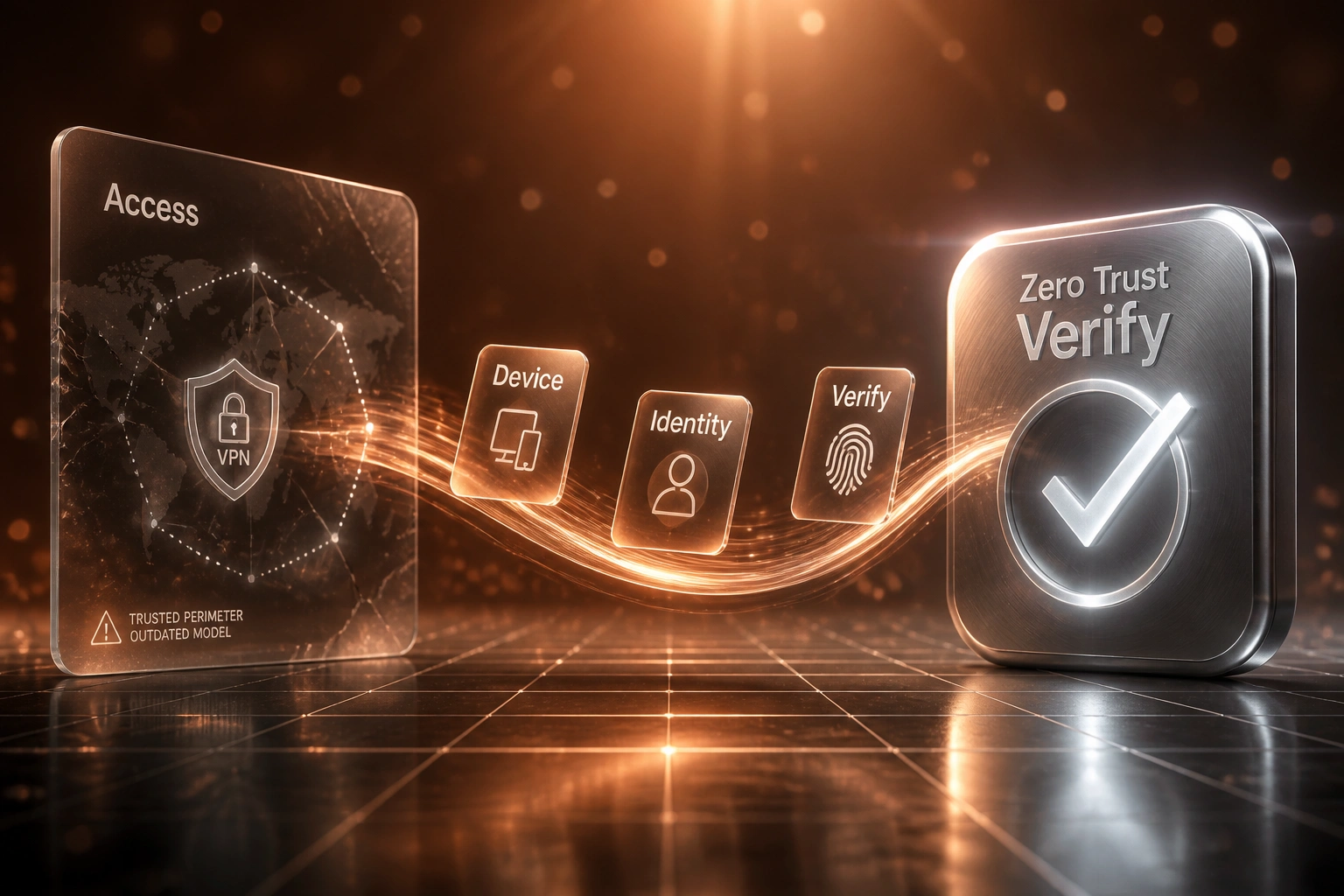 A glass Access panel with an outdated VPN perimeter and a silver Zero Trust Verify badge linked by Device, Identity, and Verify cards on a warm copper dusk grid