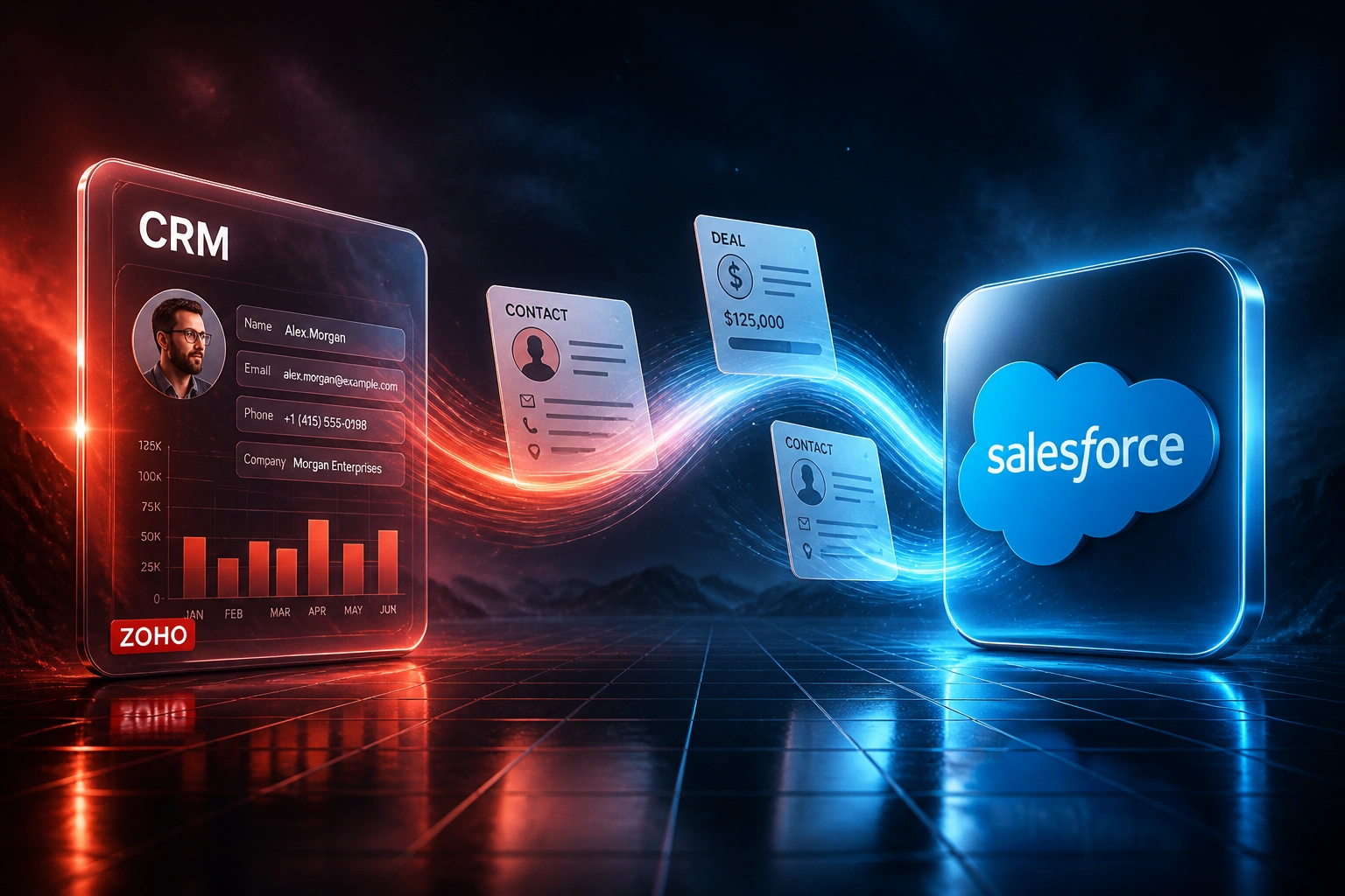 A glass CRM panel with Zoho branding and the Salesforce cloud logo connected by a ribbon of contact and deal records, illustrating a Zoho to Salesforce CRM migration