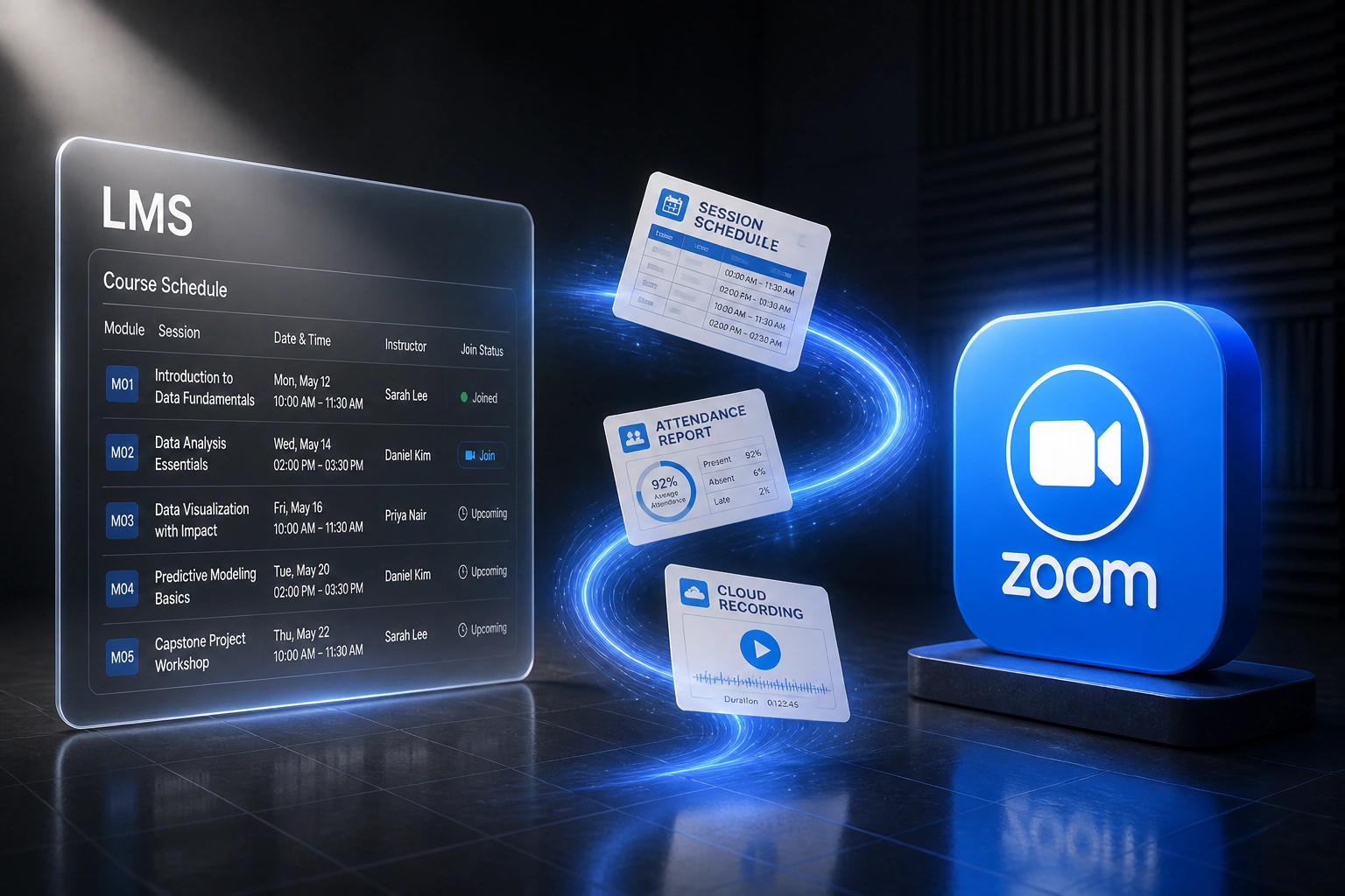 A glass LMS course schedule panel and the Zoom logo connected by session, attendance, and recording documents on a blue light ribbon, illustrating Zoom virtual classroom LMS integration